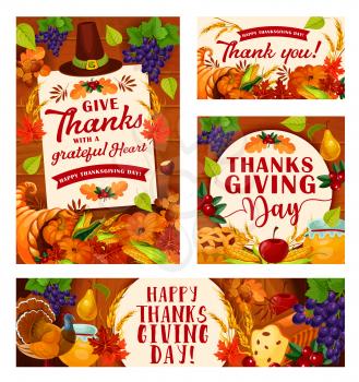 Thanksgiving Day greeting cards or holiday celebration posters. Vector design of pumpkin with fruits harvest in cornucopia and autumn maple leaf with apple pie