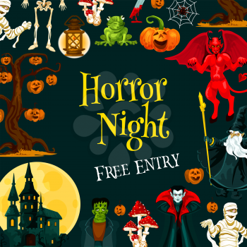 Halloween horror night party banner for autumn holiday celebration. Scary skeleton, Halloween pumpkin and spider net, ghost haunted house, vampire and zombie, wizard and mummy for invitation design