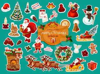 Christmas sticker set of Xmas and New Year winter holiday celebration. Santa, snowman and snowflake, gift, Xmas tree and holly wreath, ball, snow, candy and bell, star and deer sleigh label design