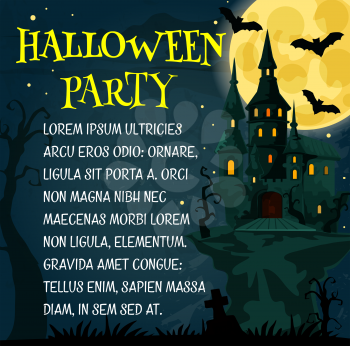 Halloween holiday festive poster with spooky ghost house for horror night party invitation template. Creepy castle, cemetery gravestone and bat promotion banner design with full moon on background