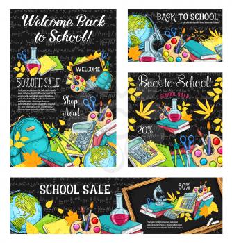 Back to school sale banner template set with school supplies on blackboard. Student book, pencil and pen, paint, calculator and globe sketch poster for discount card or special offer flyer design