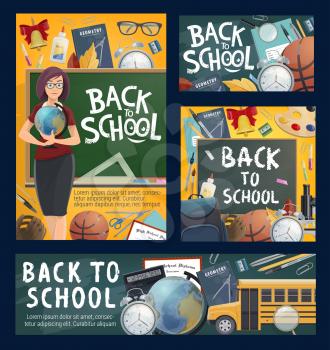 Back to school banners with geography teacher and bus, stationery and sport items. Textbook and globe, alarm clock and copybook, backpack and microscope, chalkboard and chemistry flasks vector
