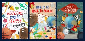 Back to school posters with fall leaves and stationery. Basketball and glasses, notebook and globe, lockers and baseball glove, palette and flasks, pen and pencils, scissors and magnifier vector