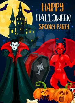 Halloween night spooky party invitation card of autumn holiday celebration. Evil demon and vampire monster festive banner with pumpkin lantern, horror castle and bat, full moon and sky on background
