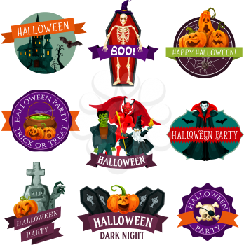 Halloween holiday label with horror monster and ribbon banner. Pumpkin lantern, ghost house and bat, spider net, skeleton skull and witch hat, zombie, vampire and devil demon festive badge design