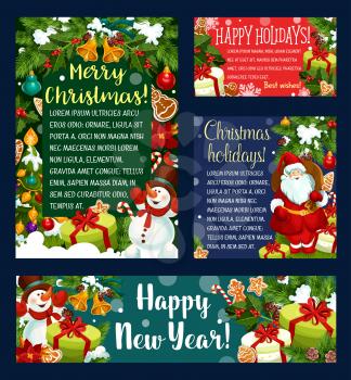 Christmas and New Year holidays greeting card and banner template. Santa with Xmas tree, gift and bell, snowman with snowflake, ball and candy, ribbon, cookie and holly for Xmas celebration design