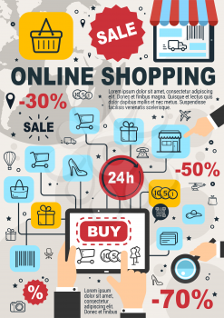 Online shopping and internet store poster for web shop orders. Vector design of shopping cart, credit card and barcode with discount for user computer or smartphone buy and pay or delivery application