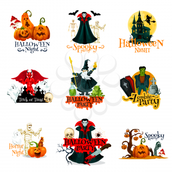 Halloween horror party badge set. Festive october pumpkin lantern, skeleton and bat, ghost haunted house, skull and zombie, vampire, mummy and wizard, cemetery and gravestone for autumn holiday design