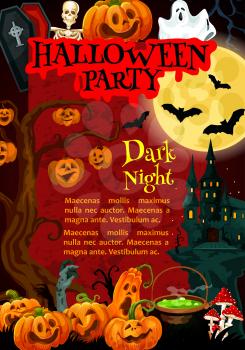 Halloween party invitation poster with october holiday night monsters. Spooky house festive banner with ghost, pumpkin lantern and bat, full moon, skeleton skull and zombie for promotion banner design