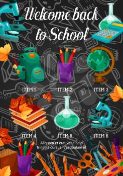 Back to school special offer of school supplies and equipment for sale banner template. Pencil, student book and globe, paint, calculator and microscope discount item list for shopping poster design