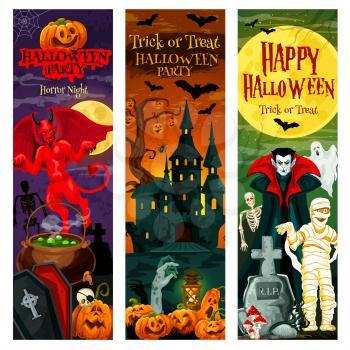 Halloween horror night banner for october holiday party invitation. Autumn pumpkin, bat and ghost, spider, skeleton skull and moon, spooky house, cemetery, zombie and vampire for festive card design