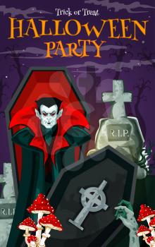 Halloween vampire festive banner for october holiday horror night party invitation. Spooky cemetery with dracula in coffin, gravestone and zombie hand greeting card for promotion poster, flyer design