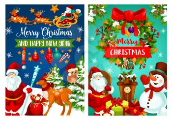 New Year and Christmas holiday banner with Santa Claus and snowman. Xmas tree and holly wreath festive poster with gift, snowflake and ribbon, candy, ball and sock, cookie and clock for Xmas design