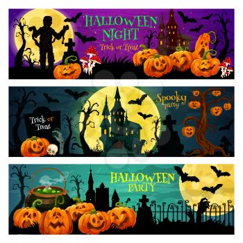 Halloween night trick or treat banner set with october holiday pumpkin. Spooky house, cemetery and zombie, creepy lantern, skeleton skull and bat, moon and potion for Halloween party invitation design