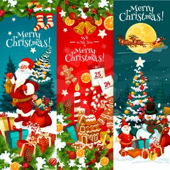 Merry Christmas banner with Xmas tree and Santa gift. Snowman, Santa Claus and present box greeting card, adorned by New Year garland with holly berry, bell and ribbon bow, sock, calendar and cookie