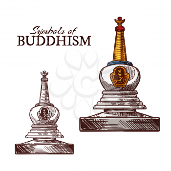 Buddhism religion symbol sketch of buddhist monk stupa. Ancient temple building with relics for monks meditation isolated icon. Asian religion and culture themes design