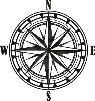 Vintage compass rose isolated icon, travel and nautical navigation design. Black and white retro diagram of compass rose with star of North, South, East and West wind points or cardinal direction
