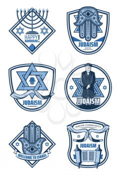 Israel tradition icons of jewish menorah, hebrew torah book, star of David and hamsa hand badges with ribbon banner. Judaism religion symbols, Hanukkah holiday greeting design