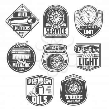 Car repair and diagnostic service icons. Auto motor oil, wheel and tire, automobile light and speedometer black and white vintage shields for mechanic workshop, auto part shop and garage design