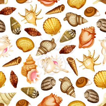 Sea shell and mollusk seamless pattern background. Ocean beach snail, scallop and chiton, clam, turret and cockle shell, king crown and fighting conch for summer vacation theme design