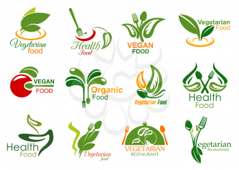 Vegetarian restaurant symbols of healthy and vegan food menu. Fork, spoon and tray lid isolated icons, decorated with green leaf, organic vegetable and fruit. Bio market and eco shop badges design