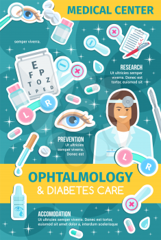 Ophthalmology medicine banner with doctor, eye diagnostic equipment and surgery instrument. Ophthalmologist or optometrist with lens, glasses and eyesight test chart, pill, drop and scalpel