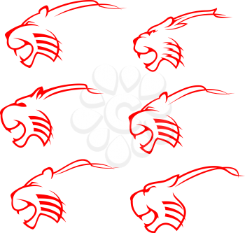 Tiger animal icons, red wild cat silhouette mascot design. Danger wildlife predator head symbol of power and strength, aggressive jungle mammal silhouette. Sport team or hunting club vector symbols