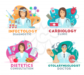 Cardiology, infectology, otolaryngology and dietetics diagnostic clinic symbols. Doctor with medical tools, laboratory test and medications icons. Hospital or health care vector illustration