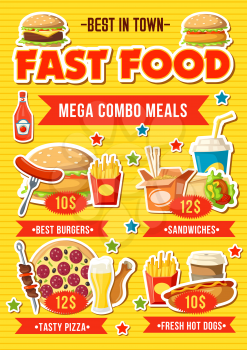 Fast food menu with combo meal. Hamburger and fries, pizza, chicken and soda drink, hot dog, burrito and coffee. Fastfood cafe or food delivery service. Vector illustration