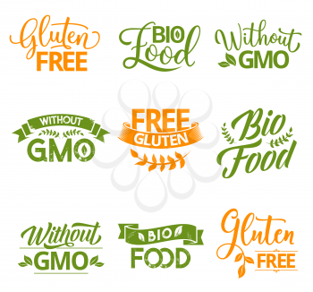 Bio, organic, gluten and GMO free natural food lettering calligraphy. Healthy product green and orange hand drawn labels with leaves and ribbon banners. Vector food package labels