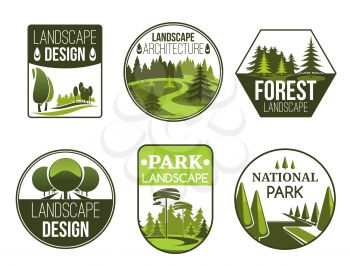 Landscape design and gardening service vector icons, forest, park and garden. Green nature emblems of landscape design studio with decorative trees, plants and grass lawn