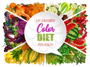 Color diet, rainbow colored groups of food ingredient. Healthy nutrition. Vector egetable, fruit and nut, berry, bean and mushroom, herb and spice. Vector dieting plan design