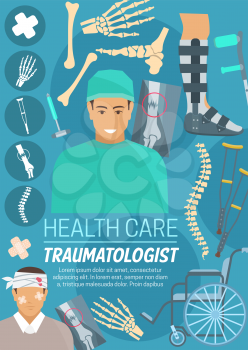 Traumatologist doctor, traumatology medicine. Trauma surgeon and injured patient with joints, bone x-ray, crutches and wheelchair, leg, hand and spine. Medical clinic vector poster