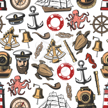 Nautical seamless pattern background with vintage marine items. Anchor, helm and rope, sail ship, compass and captain with cap and pipe, lighthouse, bell and antique sextant. Vector illustration