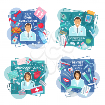 Medical clinic and diagnostic center. Cardiology, dentistry, endocrinology and dietetics medicine. Dentist, cardiologist, endocrinologist doctors and diet consultant icons. Vector illustration