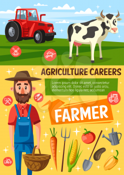 Farmer on farm, cow and tractor on arable. Rancher, farm worker or gardener in hat and overalls with farming tool and harvested vegetables. Vector illustration