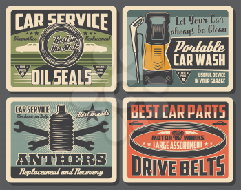Car service vintage banner set. Auto repair, car part and motor oil shop, automobile wash center and mechanic garage. Retro auto spare parts, wrench and spanner. Vector illustration