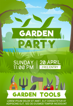 Vector gardening tool and equipment, green tree and grass. Shovel, fork and scissors, axe, secateurs and rake poster with summer park on background