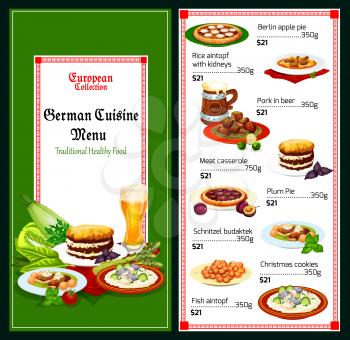 German restaurant menu with meat and fish dish of bavarian cuisine. Pork stewed in beer, beef casserole and schnitzel, rice with kidney, fish stew, fruit pies and sugar cookie. Vector illustration