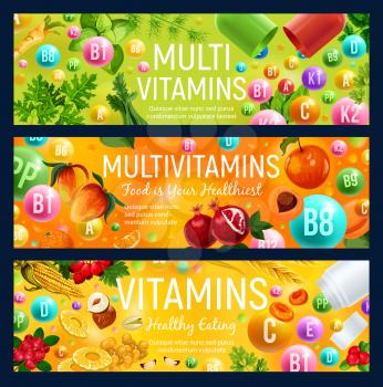 Multivitamin banner of natural vitamin and mineral pill vegetarian ingredient. Vitamin ball with fruit, vegetable and berry, cereal, nut and spice herb. Healthy eating and dieting. Vector