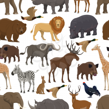 Wild animal and bird seamless pattern background for hunting sport themes design. Forest deer, bear and duck, african safari elephant, lion and giraffe, rhino, hippo and zebra, hare, elk and boar