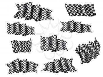 Racing flag isolated 3d icons and symbols for auto race sport. Waving flag with black and white checkered pattern. Rally speed competition, motocross or car racing themes design