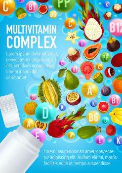 Vitamin and mineral pill with exotic tropical fruit and berry poured out of plastic bottle with blank label. Multivitamin complex poster. Healthy nutrition and diet supplement advertising template