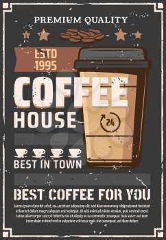 Coffee takeaway drink. Disposable paper cup of espresso, cappuccino or latte hot beverage vintage card with coffee bean, star and ribbon banner. Cafe or coffee house shop template.