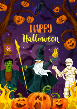 Creepy cemetery with pumpkin lantern on tree, mummy, zombie and evil wizard festive banner for trick or treat party invitation. Happy Halloween greeting card with autumn holiday horror monster