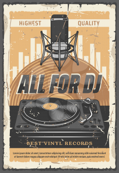 Vintage microphone and DJ vinyl turntable old grunge banner, disco dance club flyer and entertainment themes design. Retro music party invitation poster with DJ vinyl records