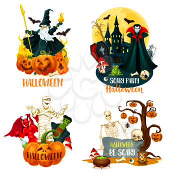 Halloween holiday horror night monsters. Scary pumpkin on tree with bat and spider, fear skeleton skull and villain, mummy and zombie, spooky vampire, demon and wizard symbols