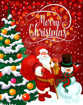 Christmas holiday greeting card of New Year celebration. Santa Claus with gift bag and snowman with Xmas tree, decorated by lights, ball and snowflake, bauble and snow for Xmas festive poster design