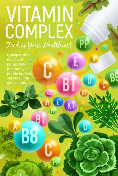 Vitamin complex with green vegetable and herbs. Pill, vitamin and mineral with cabbage, lettuce salad leaf and basil, arugula, spinach and chard. Natural food supplement poster design