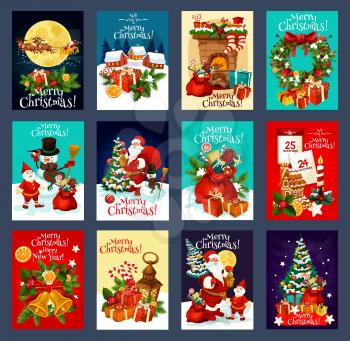 Christmas and New Year holiday greeting card set with Xmas festive symbols. Snowman, Santa and gift, Xmas tree, holly wreath, snowflake and bell, present, candy and cookie for winter holiday design